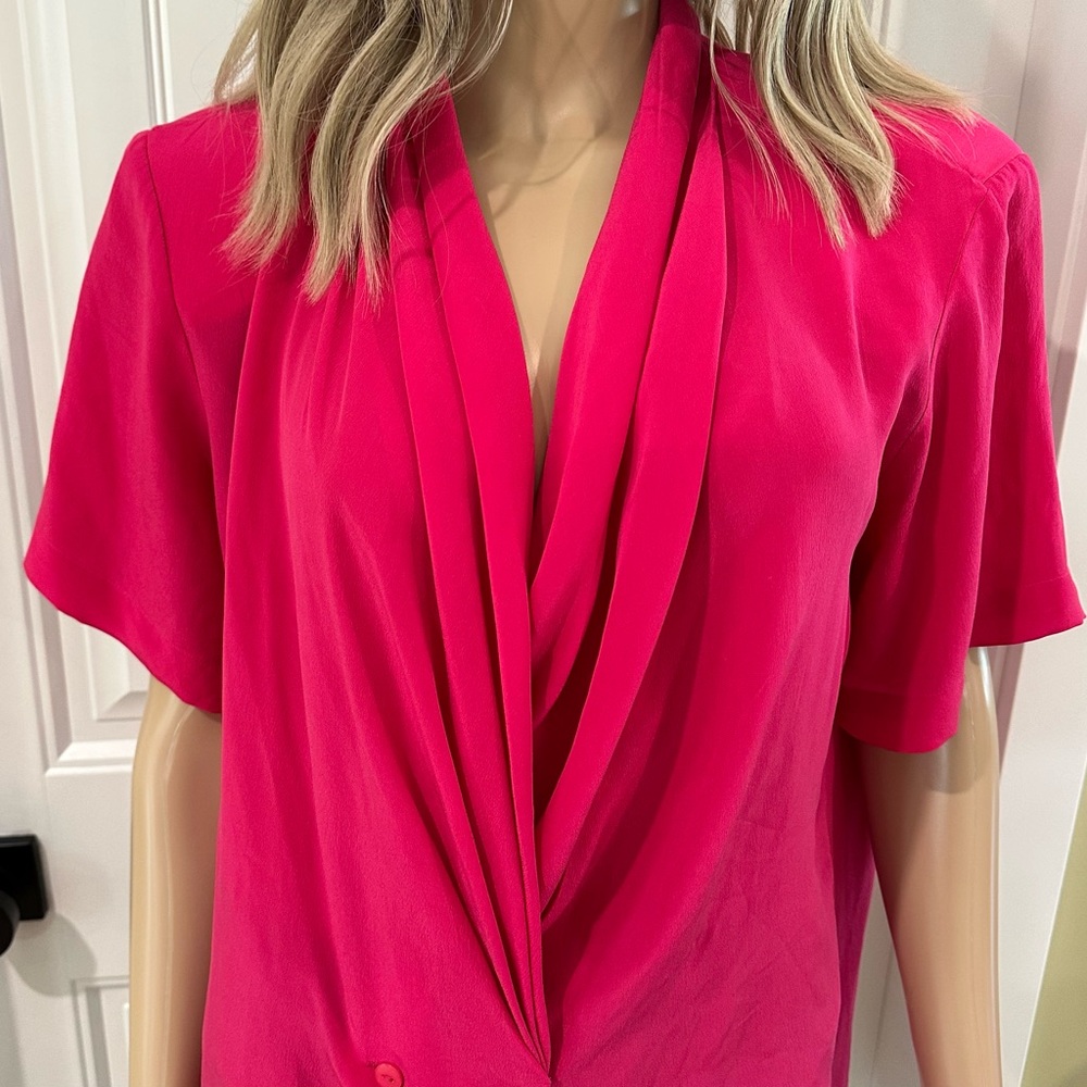 Elegant Pink Women's Silk Waterfall Blouse Medium Short Sleeve Loose Fit